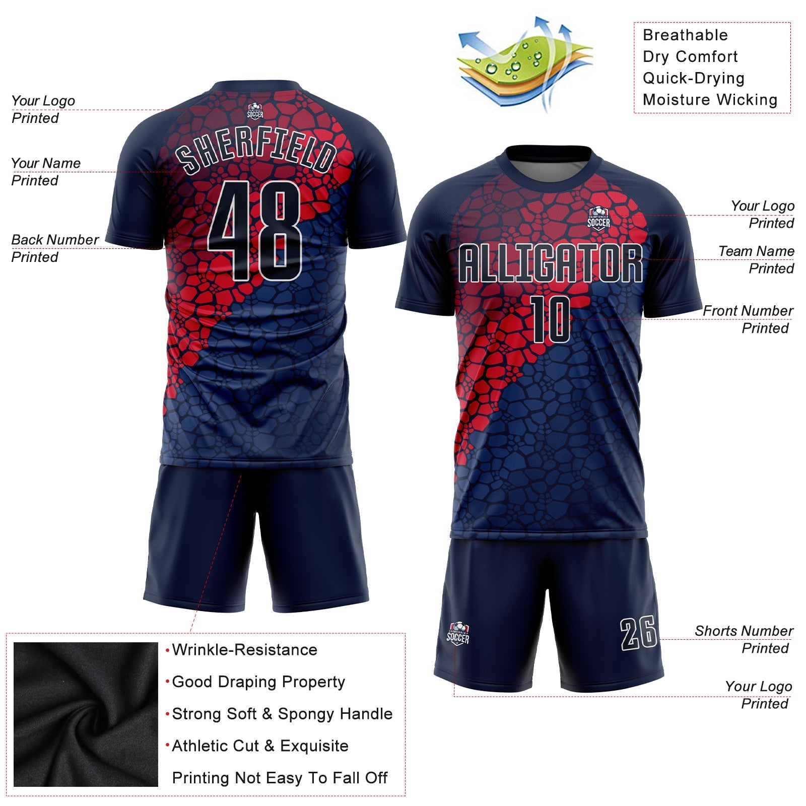 Custom Navy Navy-Red Sublimation Soccer Uniform Jersey view 3