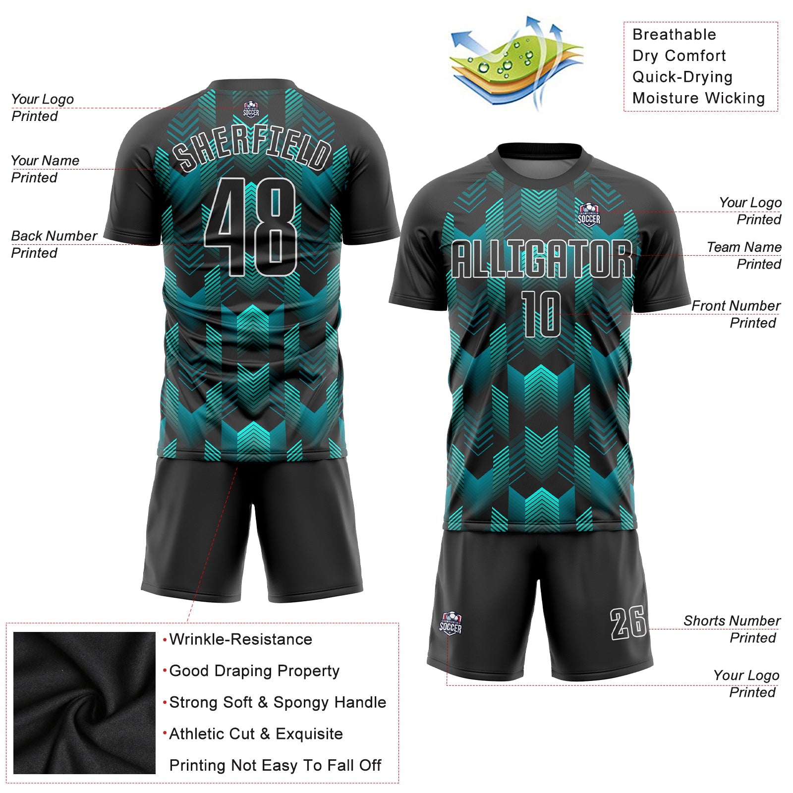 Custom Black Black-Teal Sublimation Soccer Uniform Jersey view 3