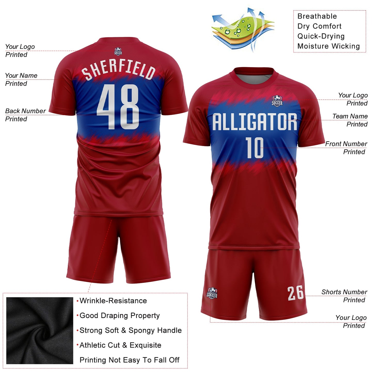 Custom Crimson White-Royal Sublimation Soccer Uniform Jersey view 3
