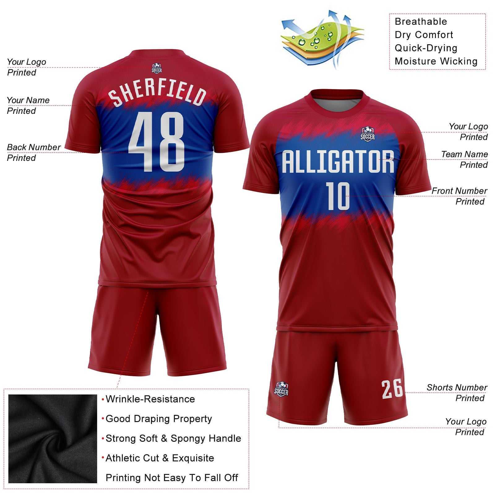Custom Crimson White-Royal Sublimation Soccer Uniform Jersey view 3