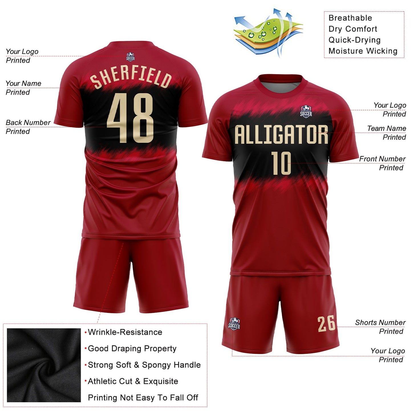 Custom Crimson Cream-Black Sublimation Soccer Uniform Jersey view 3