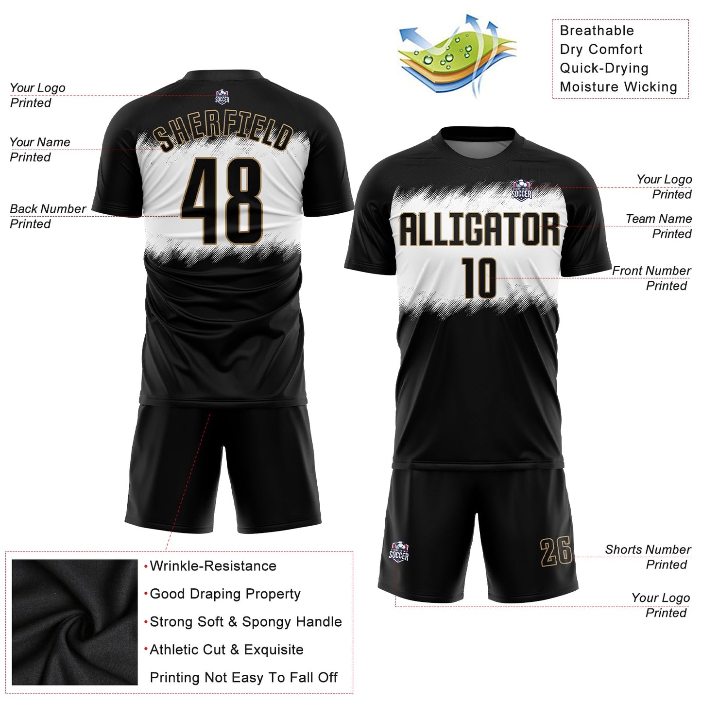 Custom Black Black-Old Gold Sublimation Soccer Uniform Jersey view 3