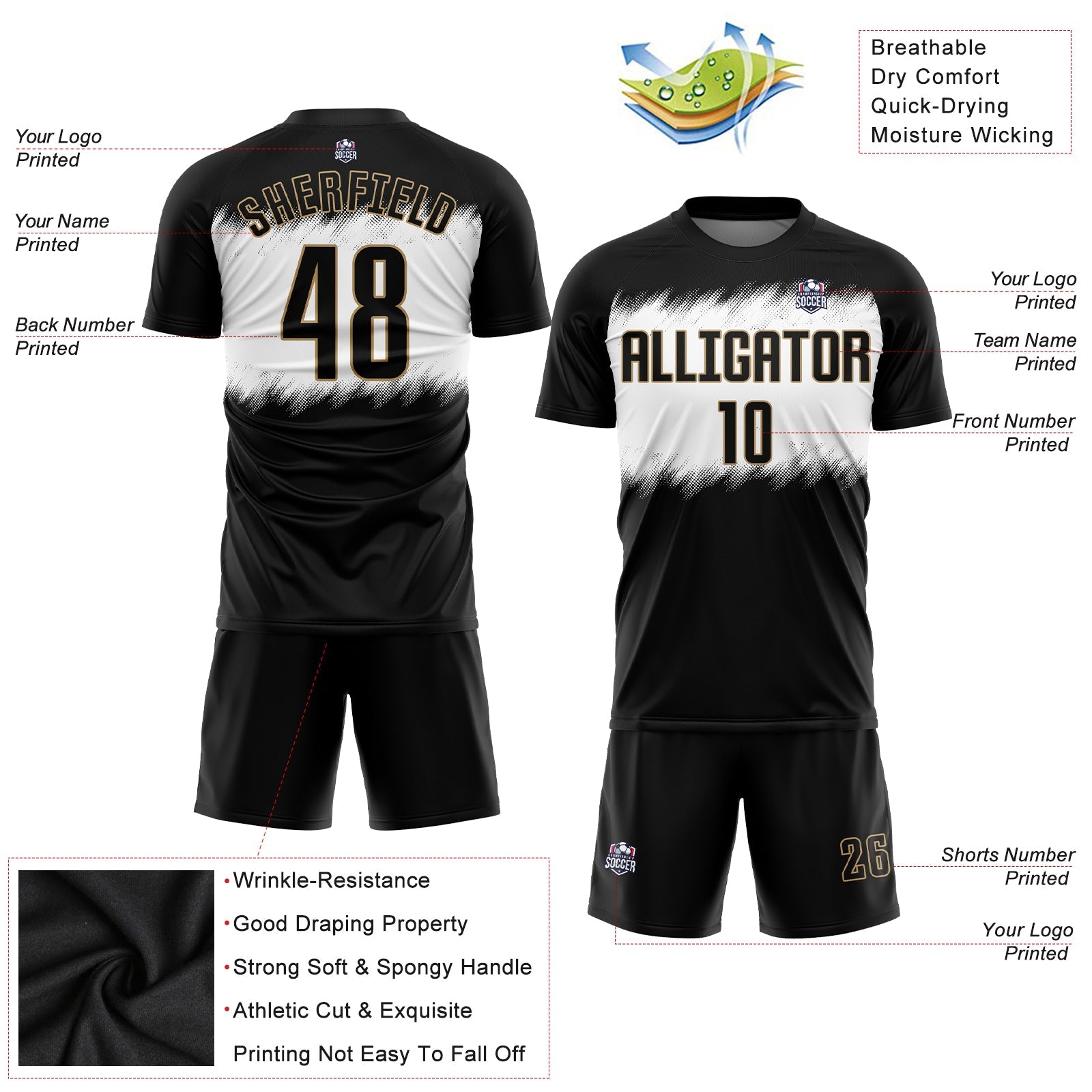 Custom Black Black-Old Gold Sublimation Soccer Uniform Jersey view 3