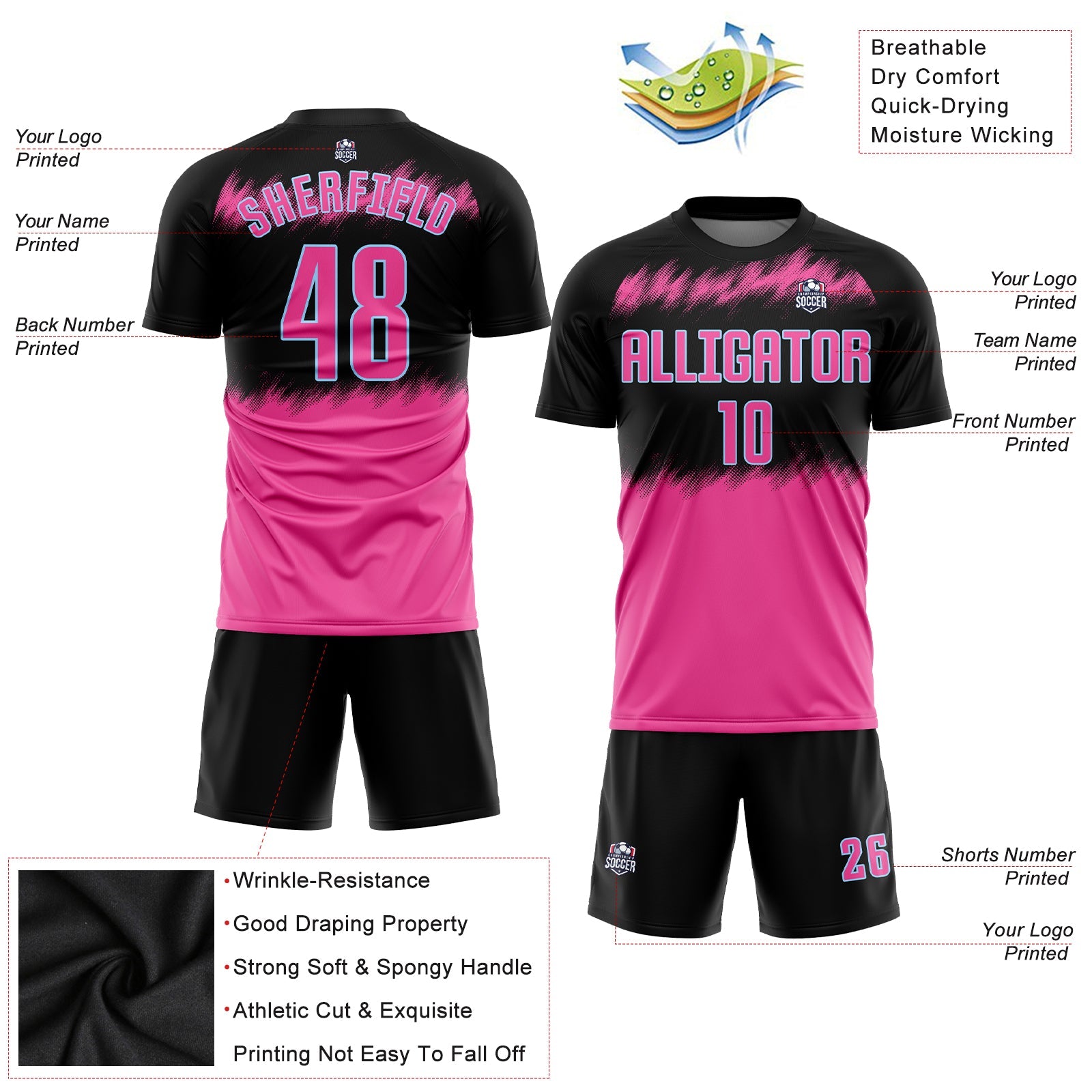 Custom Black Pink-Light Blue Sublimation Soccer Uniform Jersey view 3