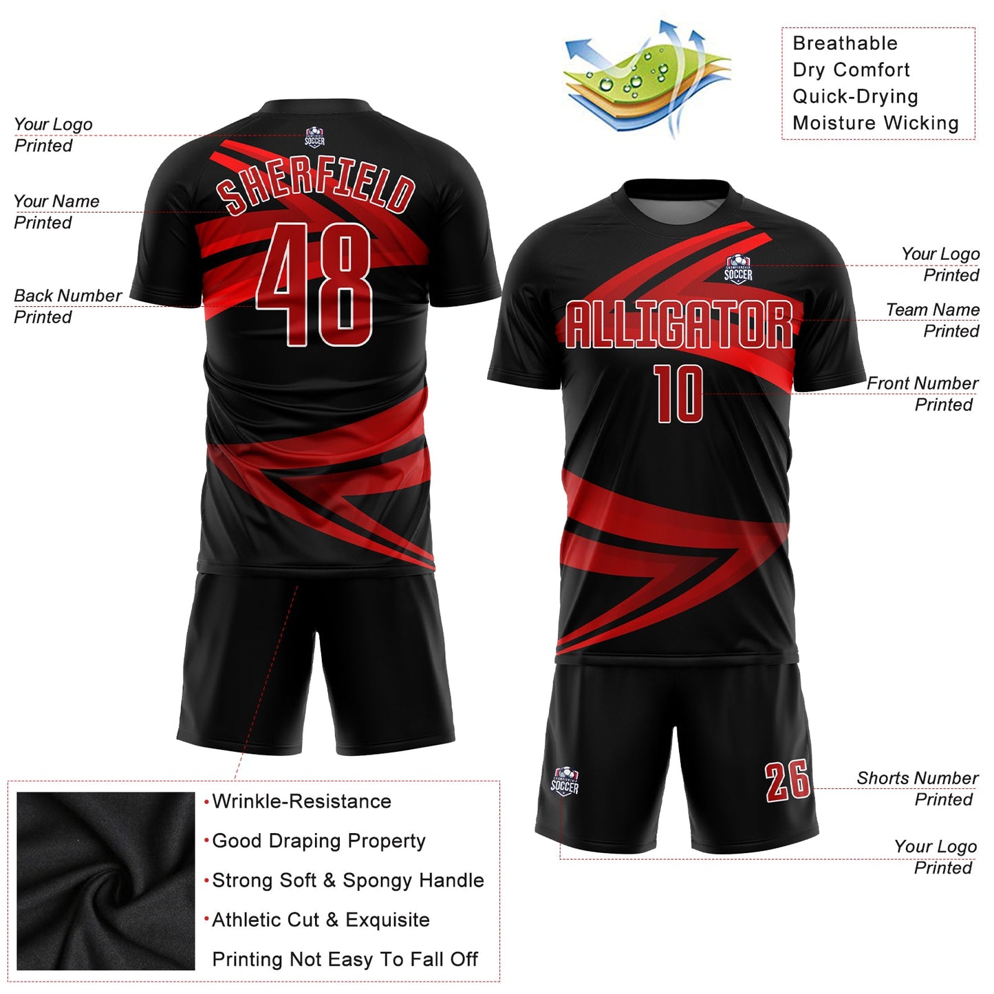 Custom Black Red-White Sublimation Soccer Uniform Jersey view 5