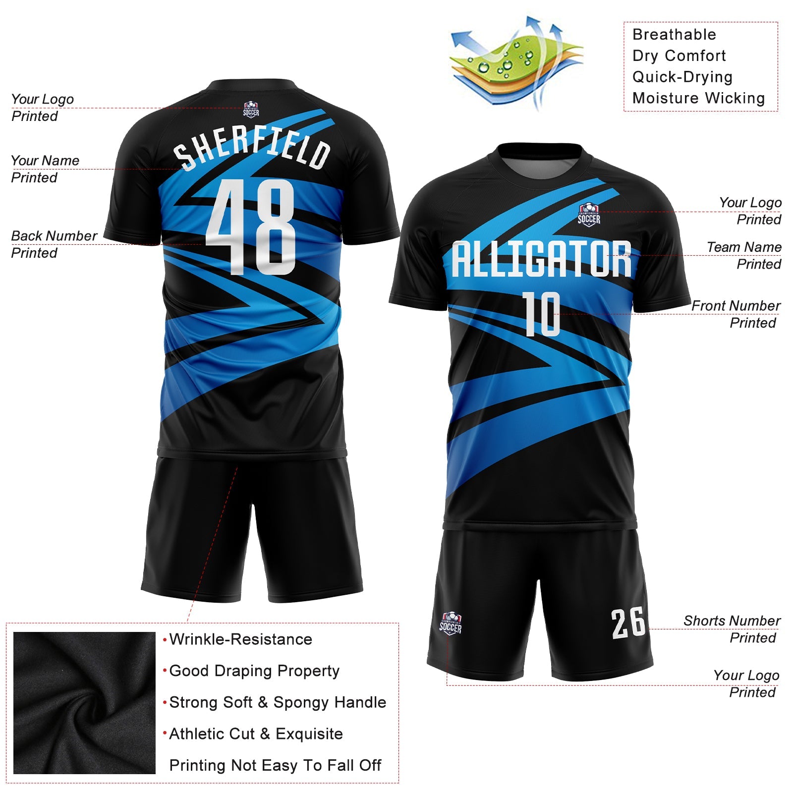 Custom Black White-Light Blue Sublimation Soccer Uniform Jersey view 3