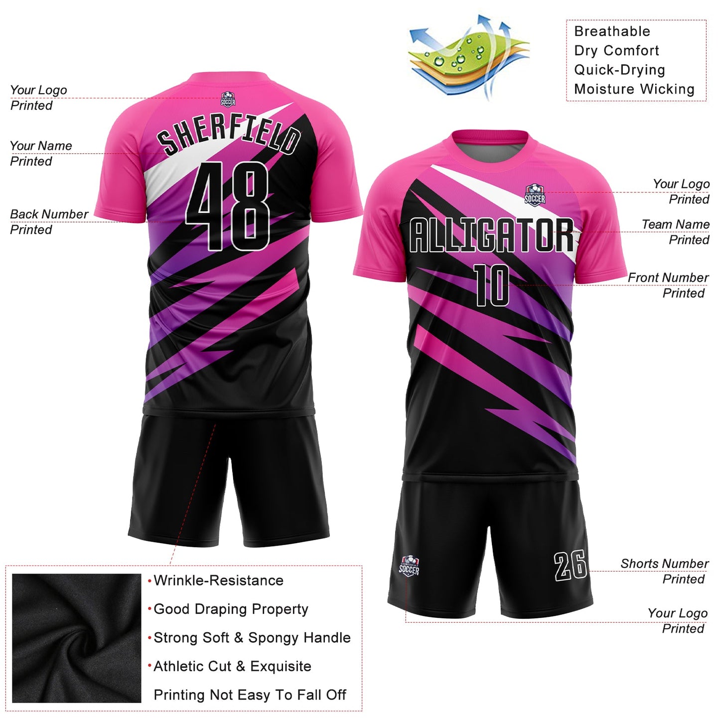 Custom Pink Black-White Sublimation Soccer Uniform Jersey view 5