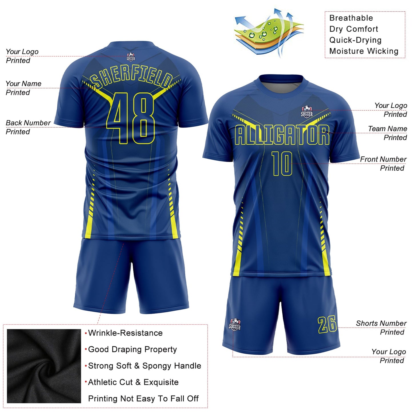 Custom US Navy Blue Gold Sublimation Soccer Uniform Jersey view 3