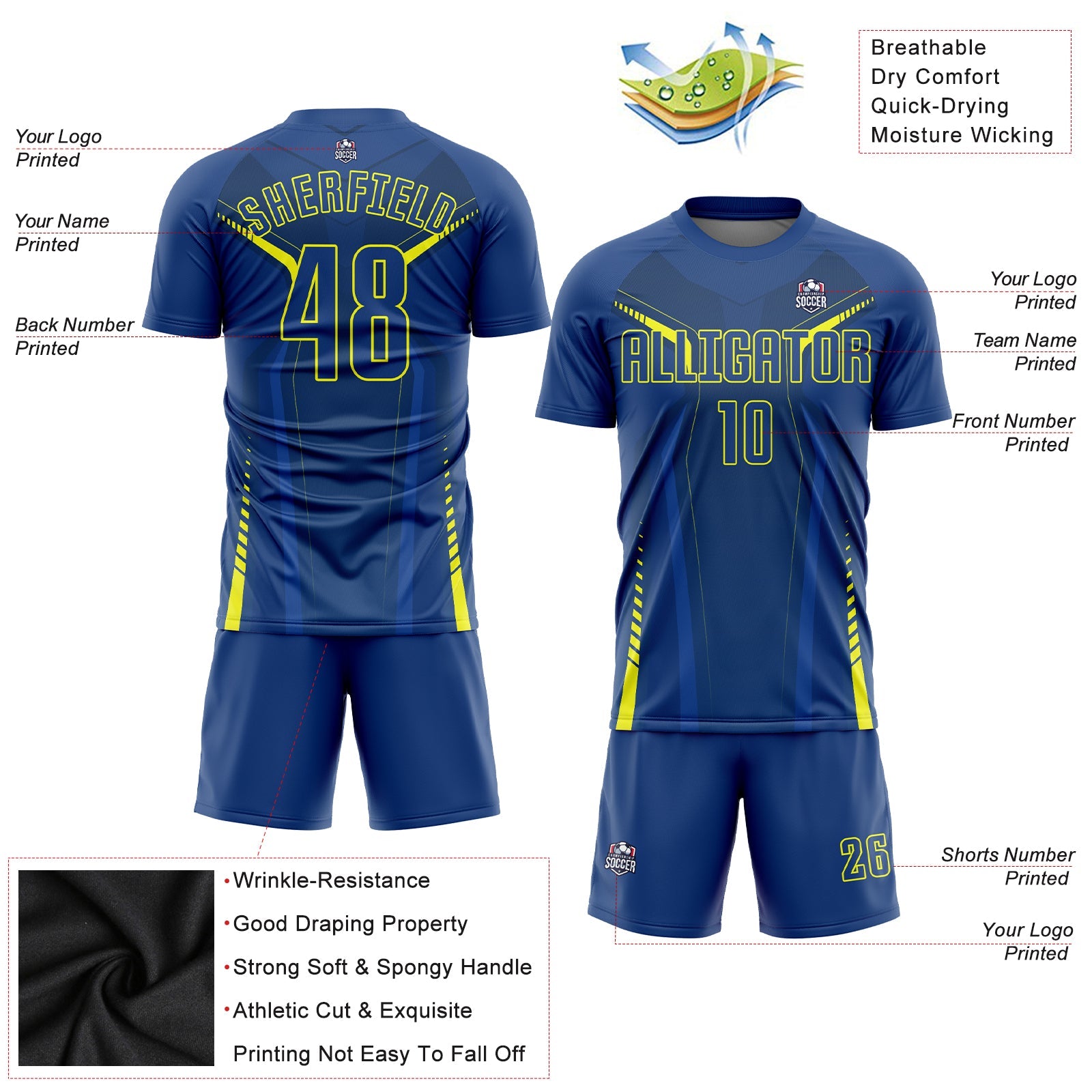 Custom US Navy Blue Gold Sublimation Soccer Uniform Jersey view 3