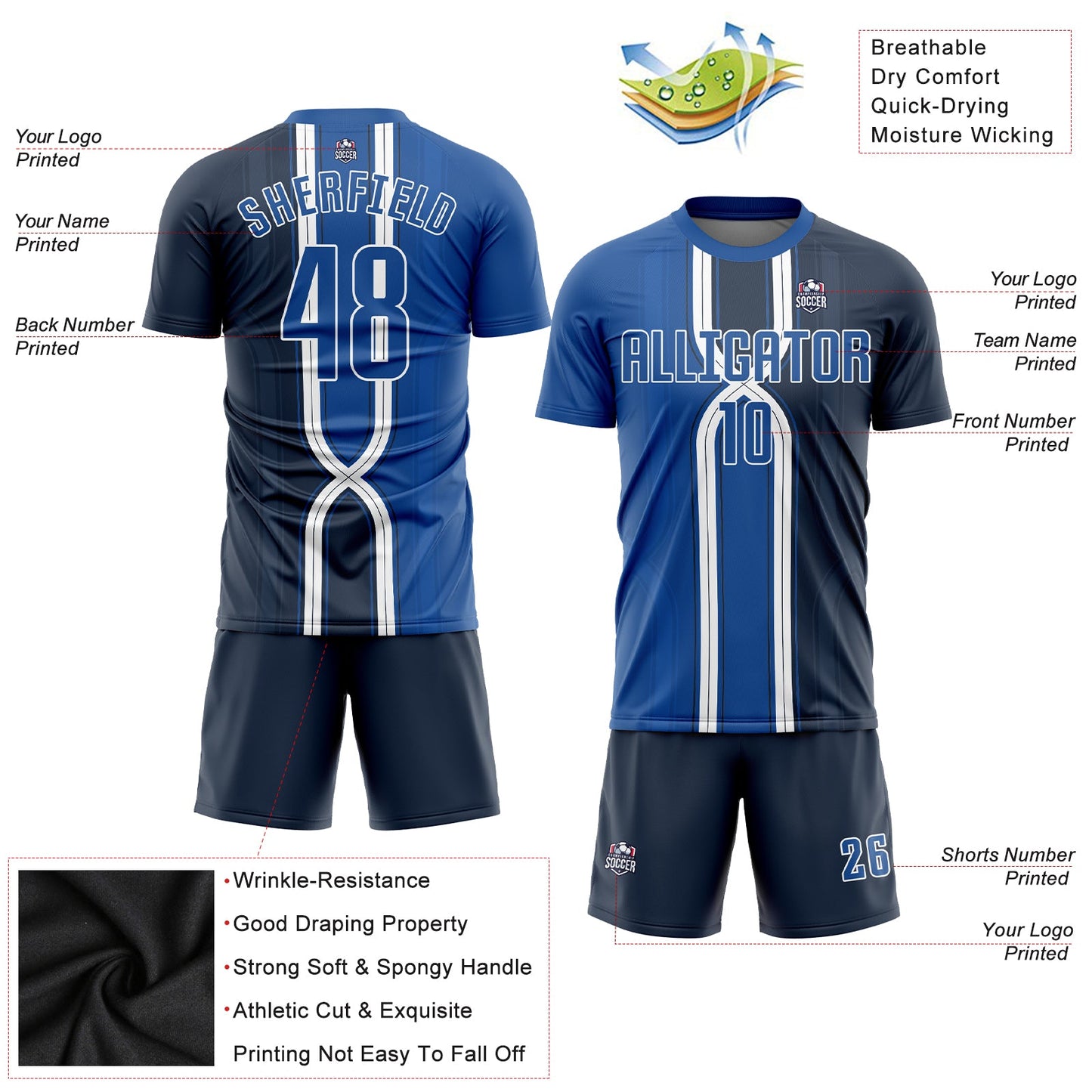 Custom Navy Royal-White Sublimation Soccer Uniform Jersey view 3