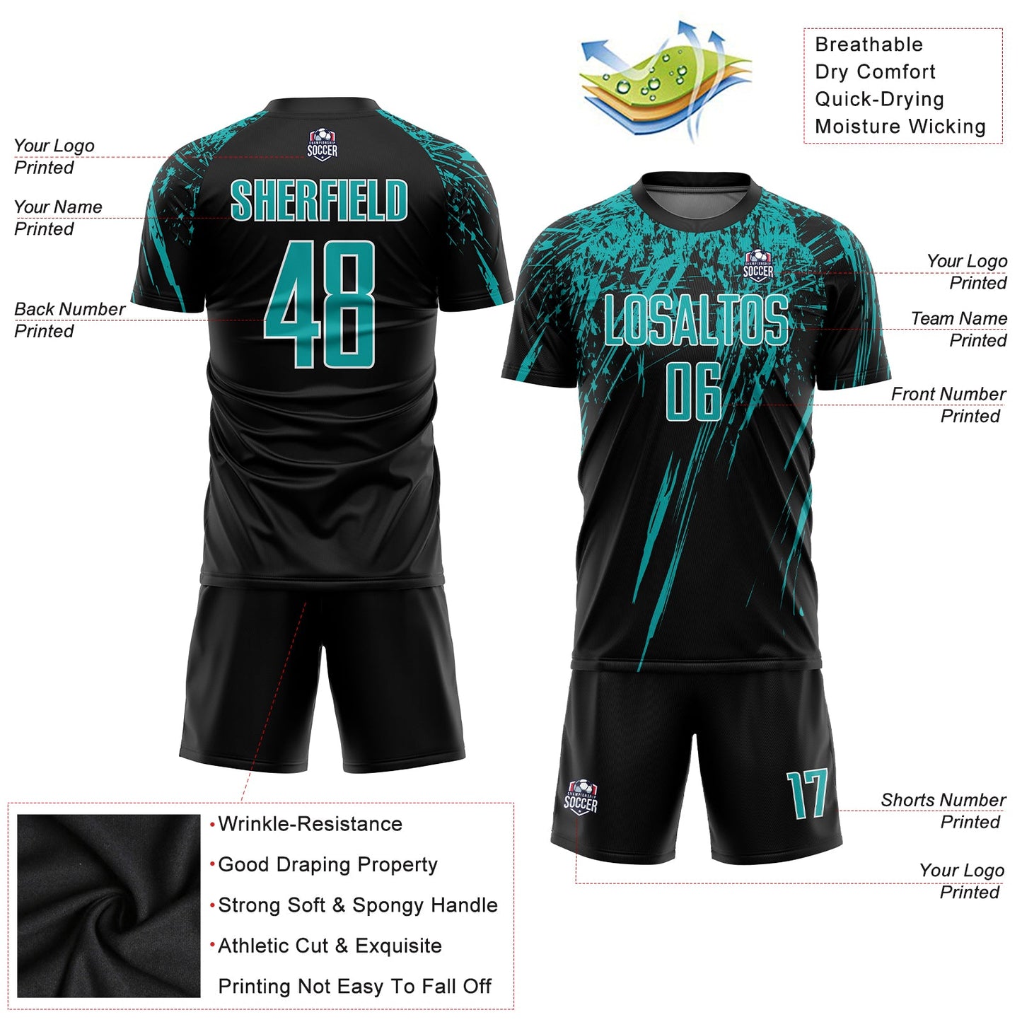 Custom Black Aqua-White Sublimation Soccer Uniform Jersey view 5