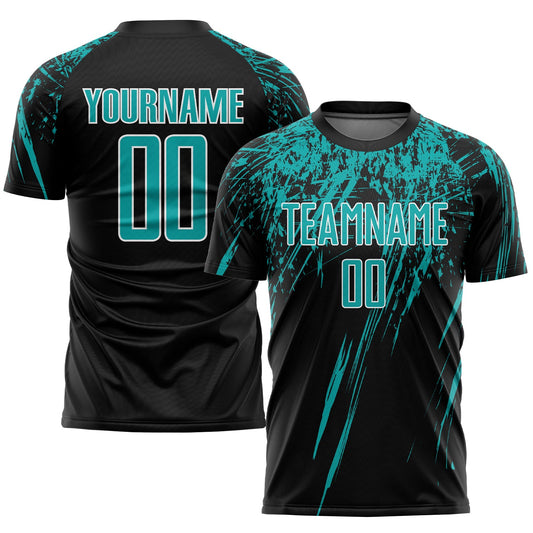 Custom Black Aqua-White Sublimation Soccer Uniform Jersey - Main View