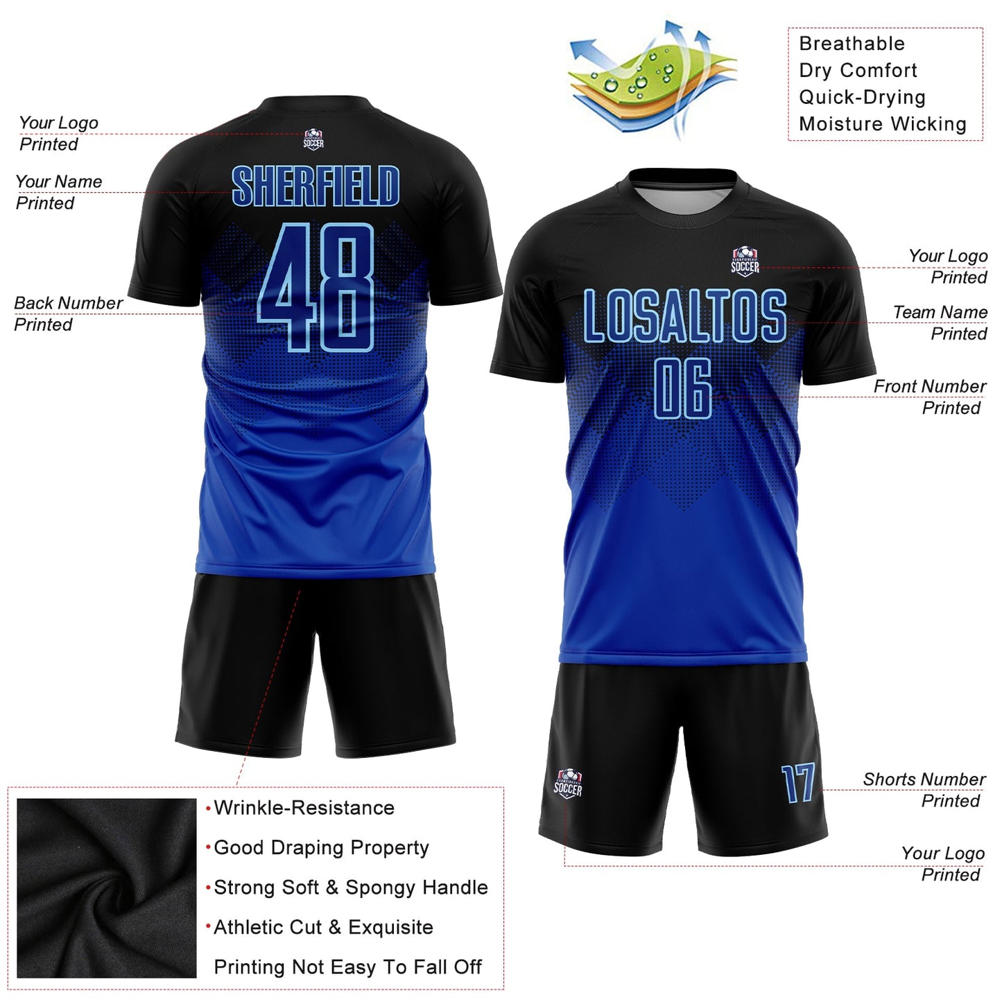 Custom Black Royal-Light Blue Sublimation Soccer Uniform Jersey view 4