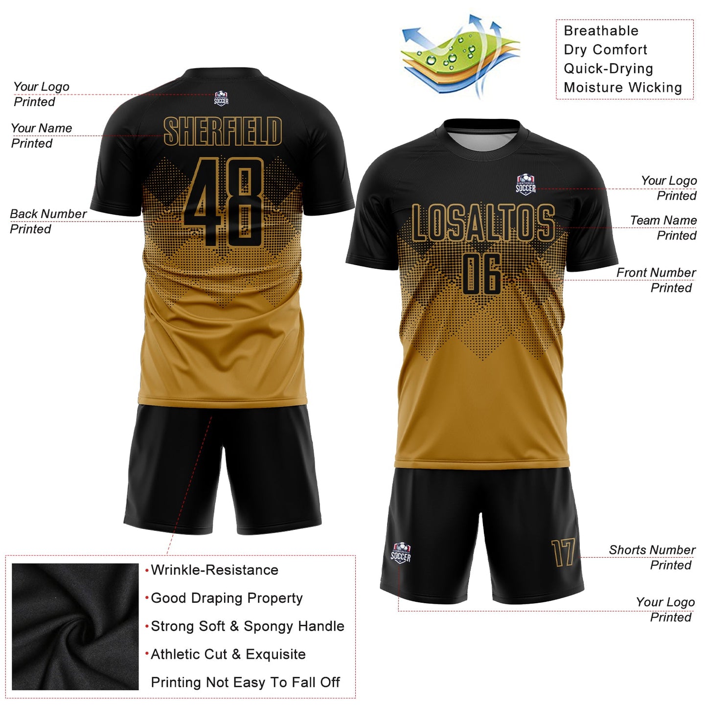 Custom Old Gold Black Sublimation Soccer Uniform Jersey view 3