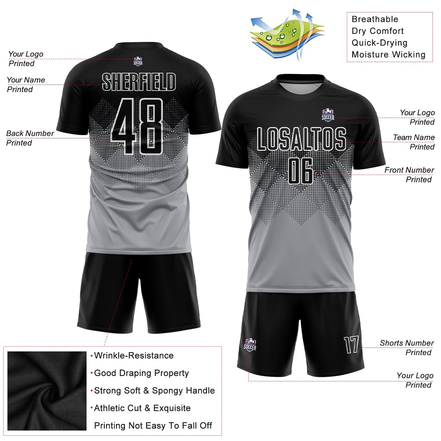 Custom Light Gray Black-White Sublimation Soccer Uniform Jersey view 3