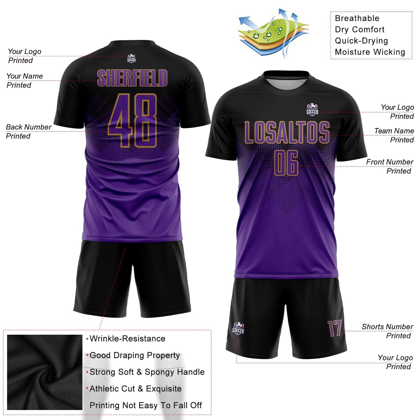 Custom Black Purple-Old Gold Sublimation Soccer Uniform Jersey view 3