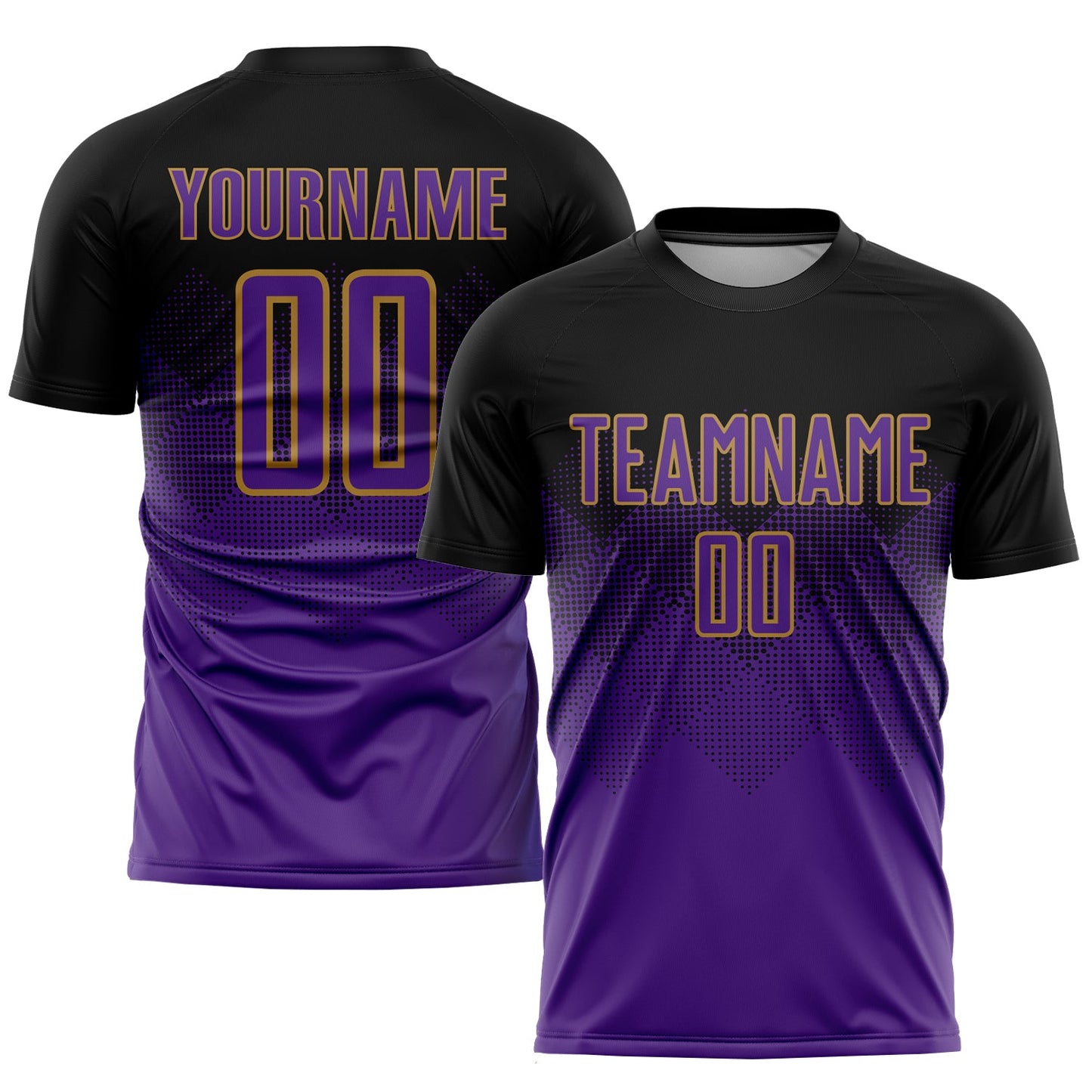 Custom Black Purple-Old Gold Sublimation Soccer Uniform Jersey - Main View