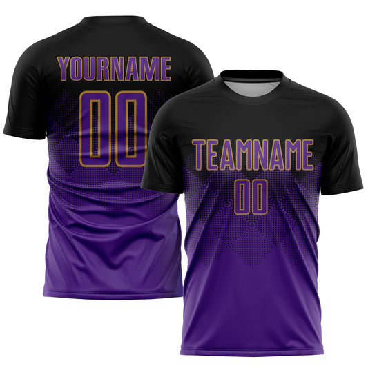 Custom Black Purple-Old Gold Sublimation Soccer Uniform Jersey - Main View