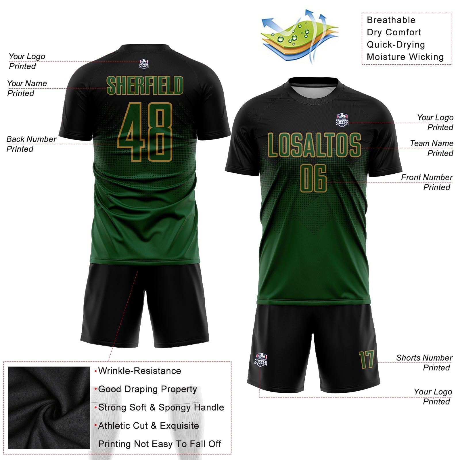 Custom Black Green-Old Gold Sublimation Soccer Uniform Jersey view 5