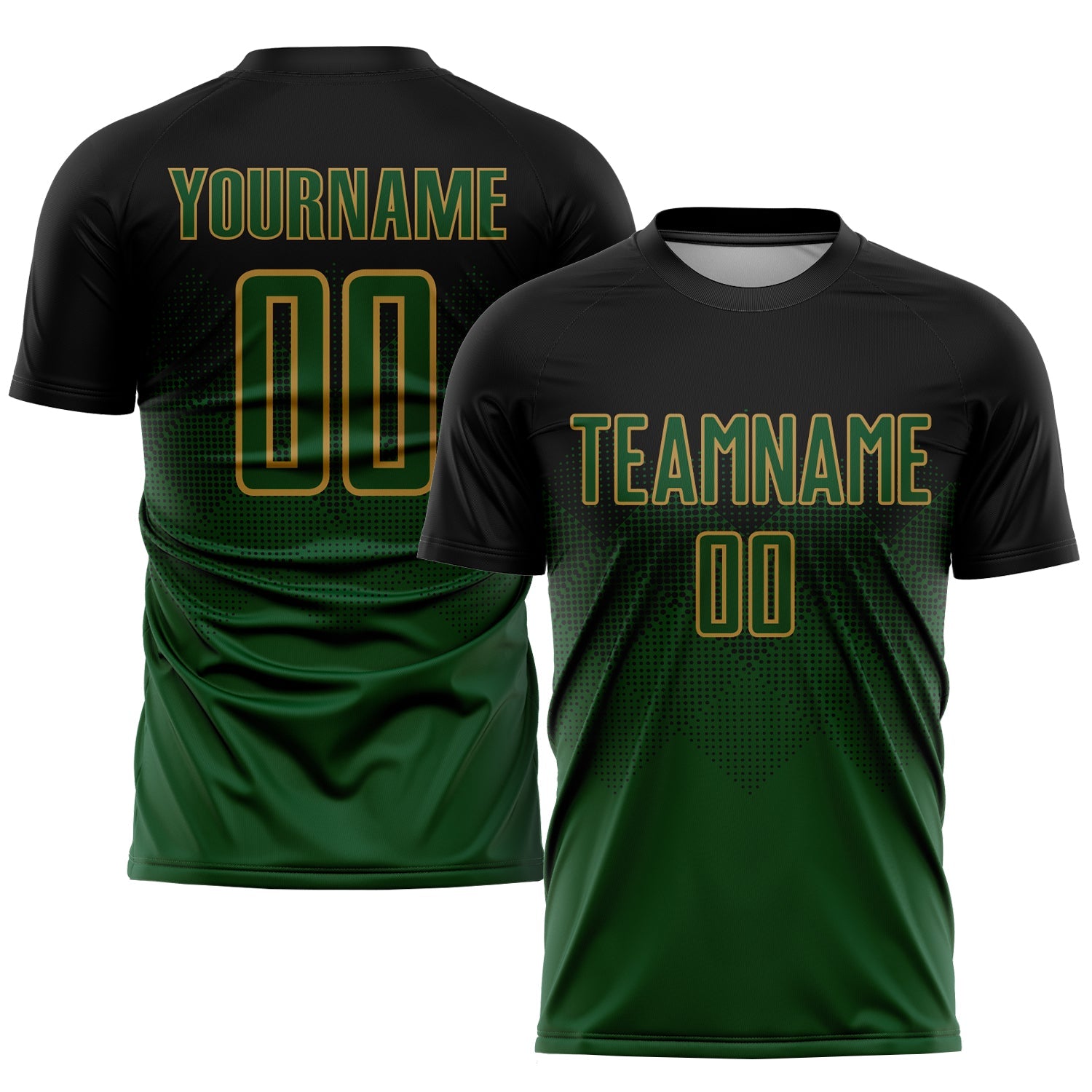 Custom Black Green-Old Gold Sublimation Soccer Uniform Jersey - Main View