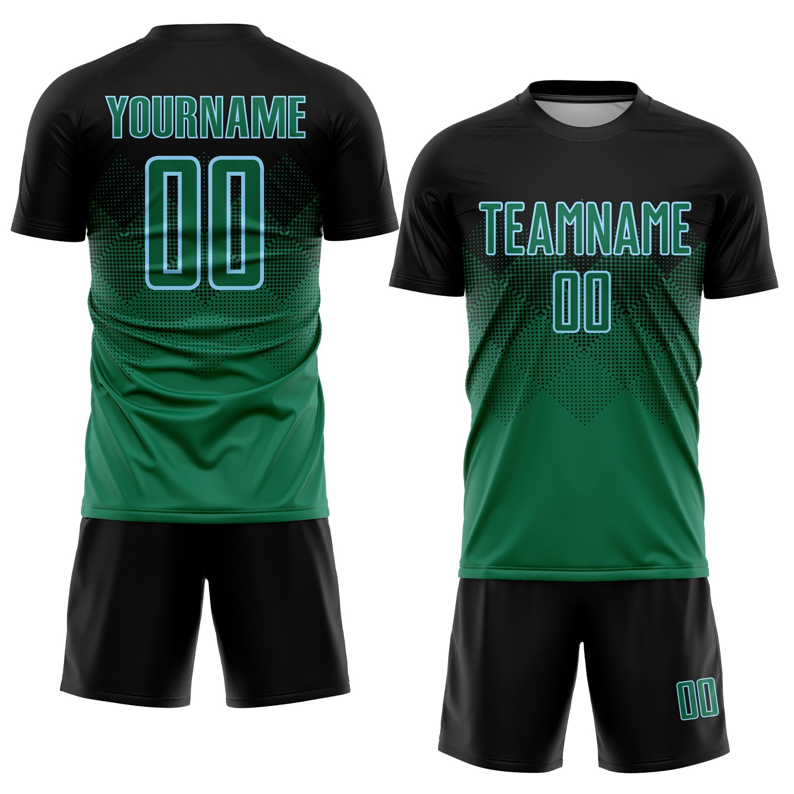 Custom Black Kelly Green-Light Blue Sublimation Soccer Uniform Jersey view 2