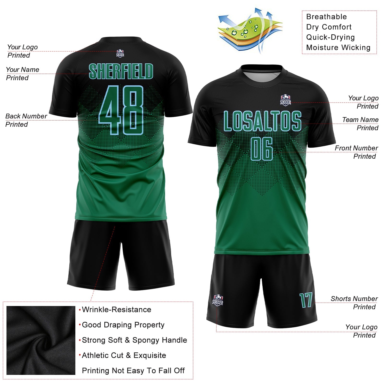 Custom Black Kelly Green-Light Blue Sublimation Soccer Uniform Jersey view 3