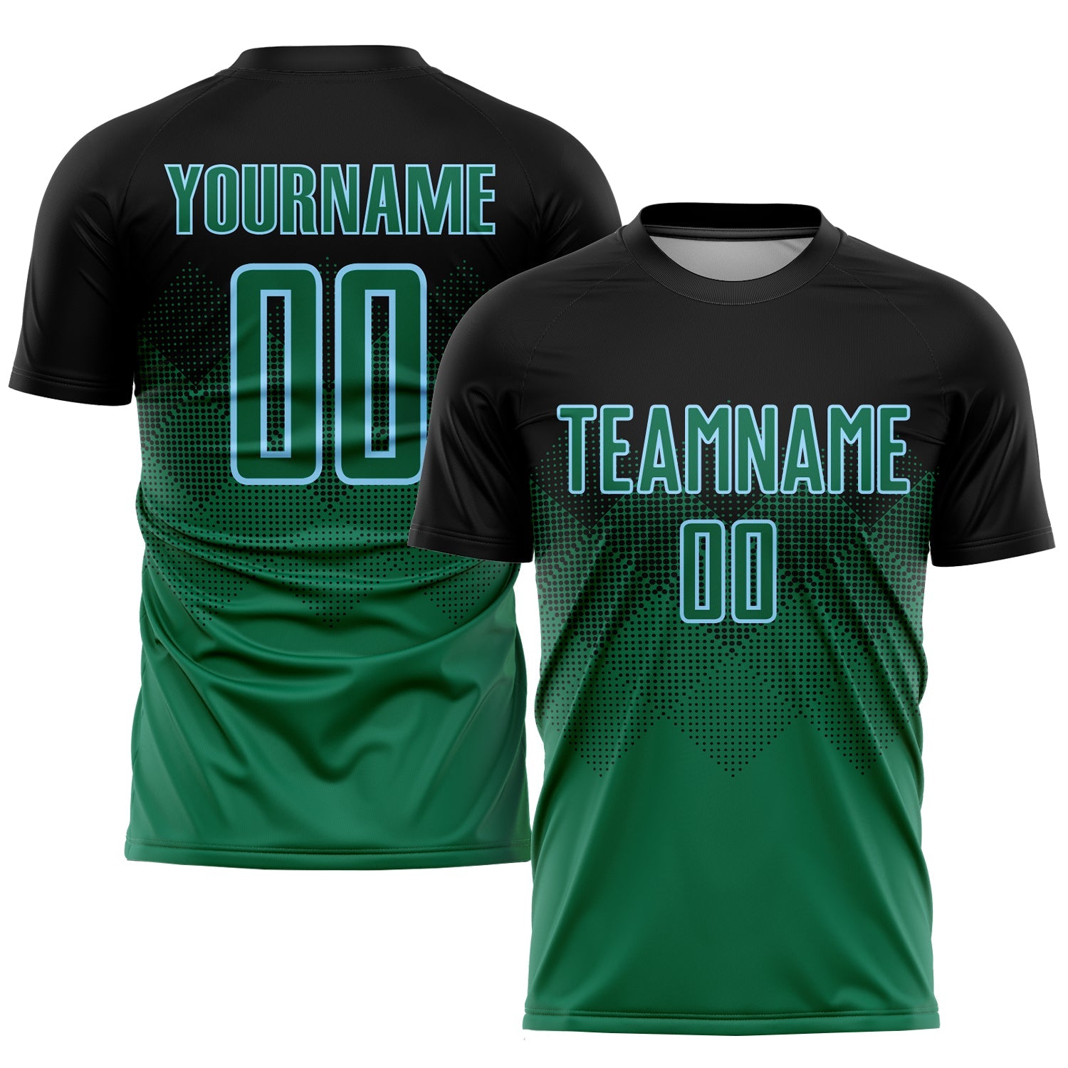 Custom Black Kelly Green-Light Blue Sublimation Soccer Uniform Jersey - Main View