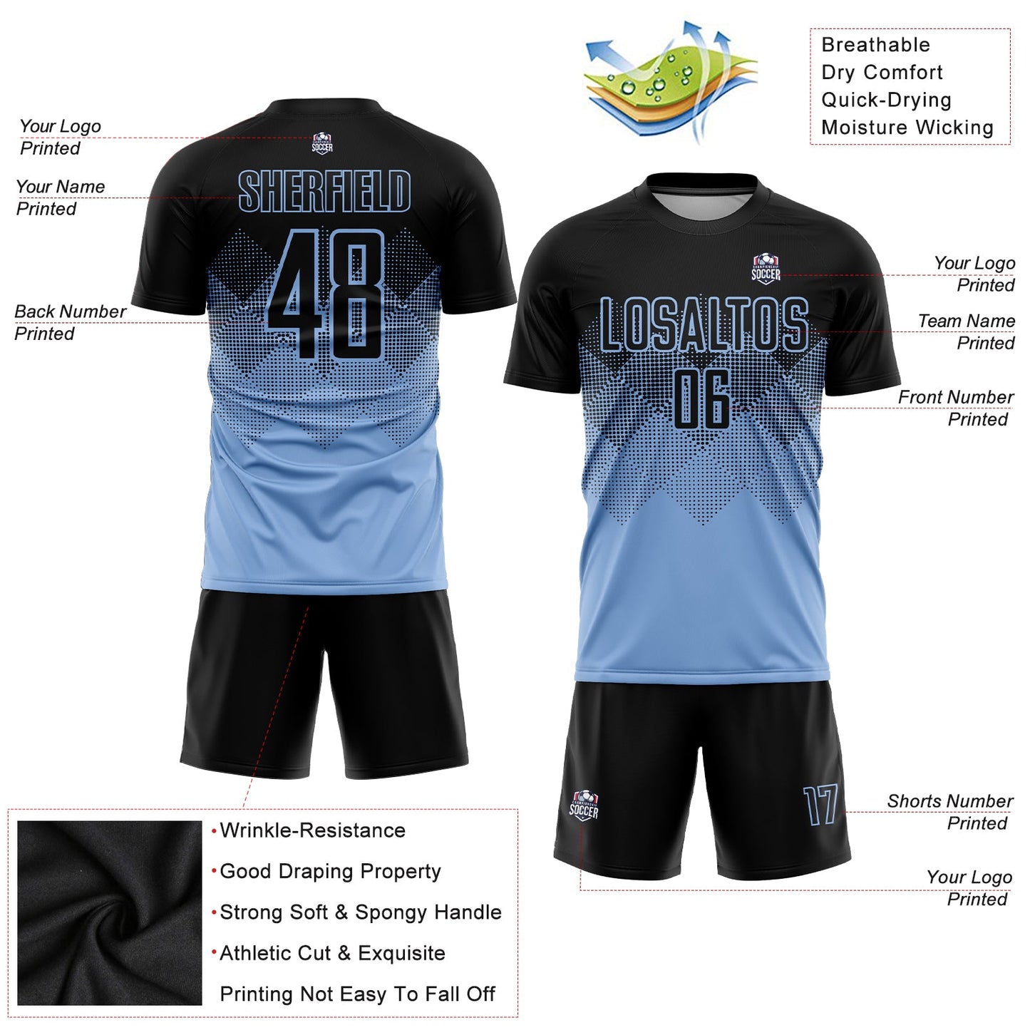 Custom Light Blue Black Sublimation Soccer Uniform Jersey view 3
