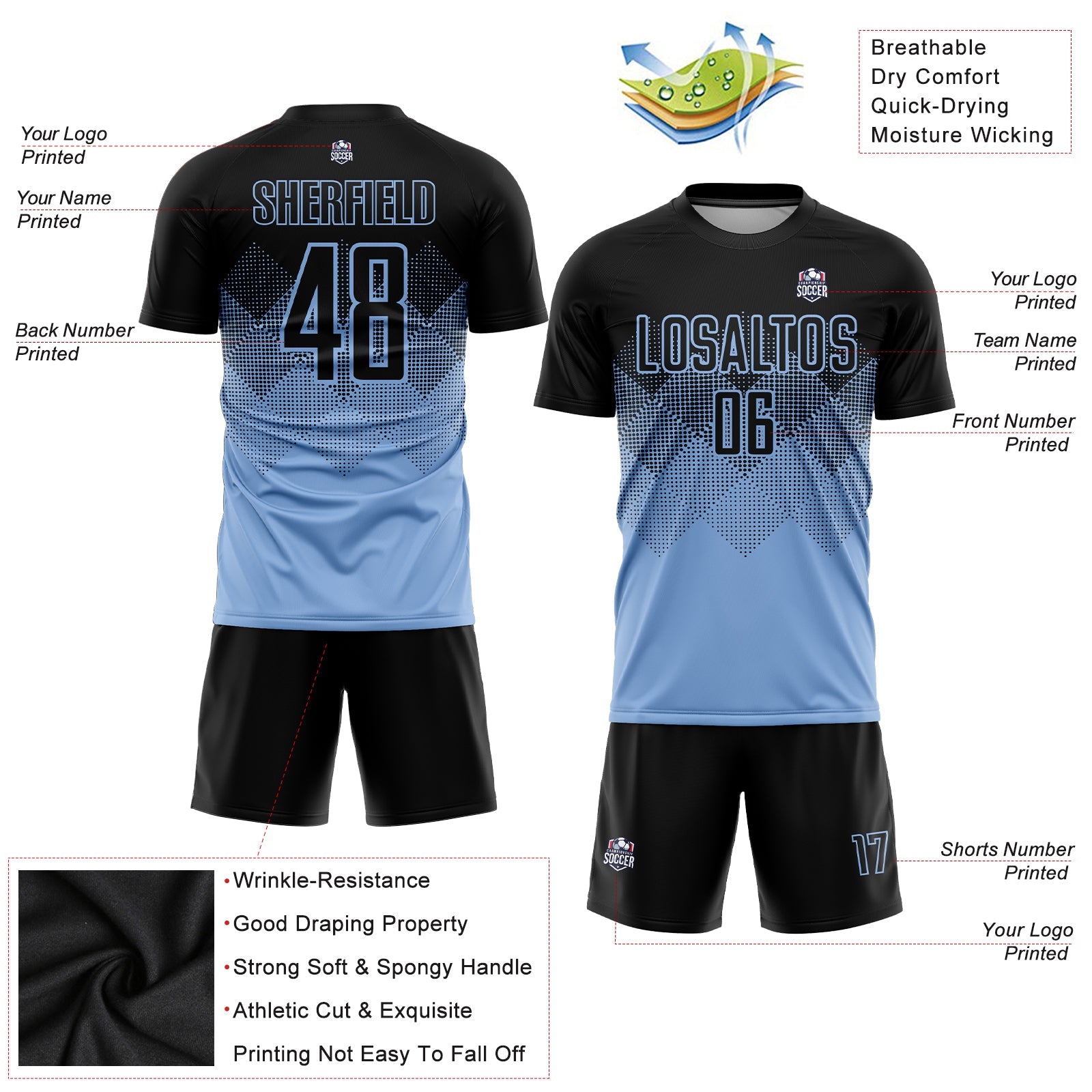 Custom Light Blue Black Sublimation Soccer Uniform Jersey view 3