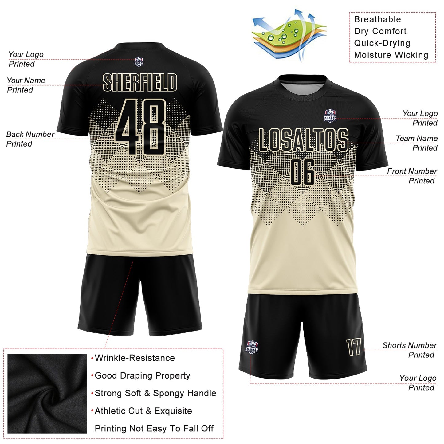 Custom Cream Black Sublimation Soccer Uniform Jersey view 3
