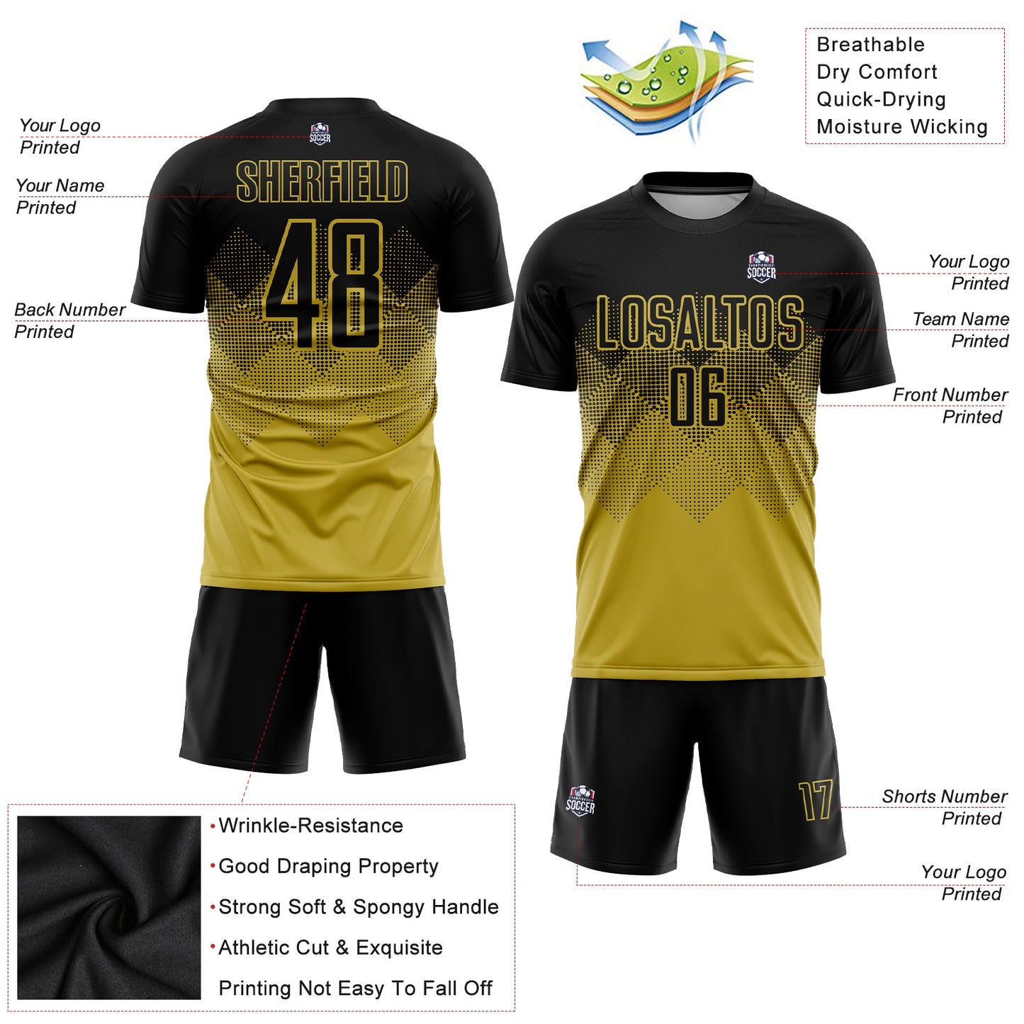 Custom Old Gold Black Sublimation Soccer Uniform Jersey view 3