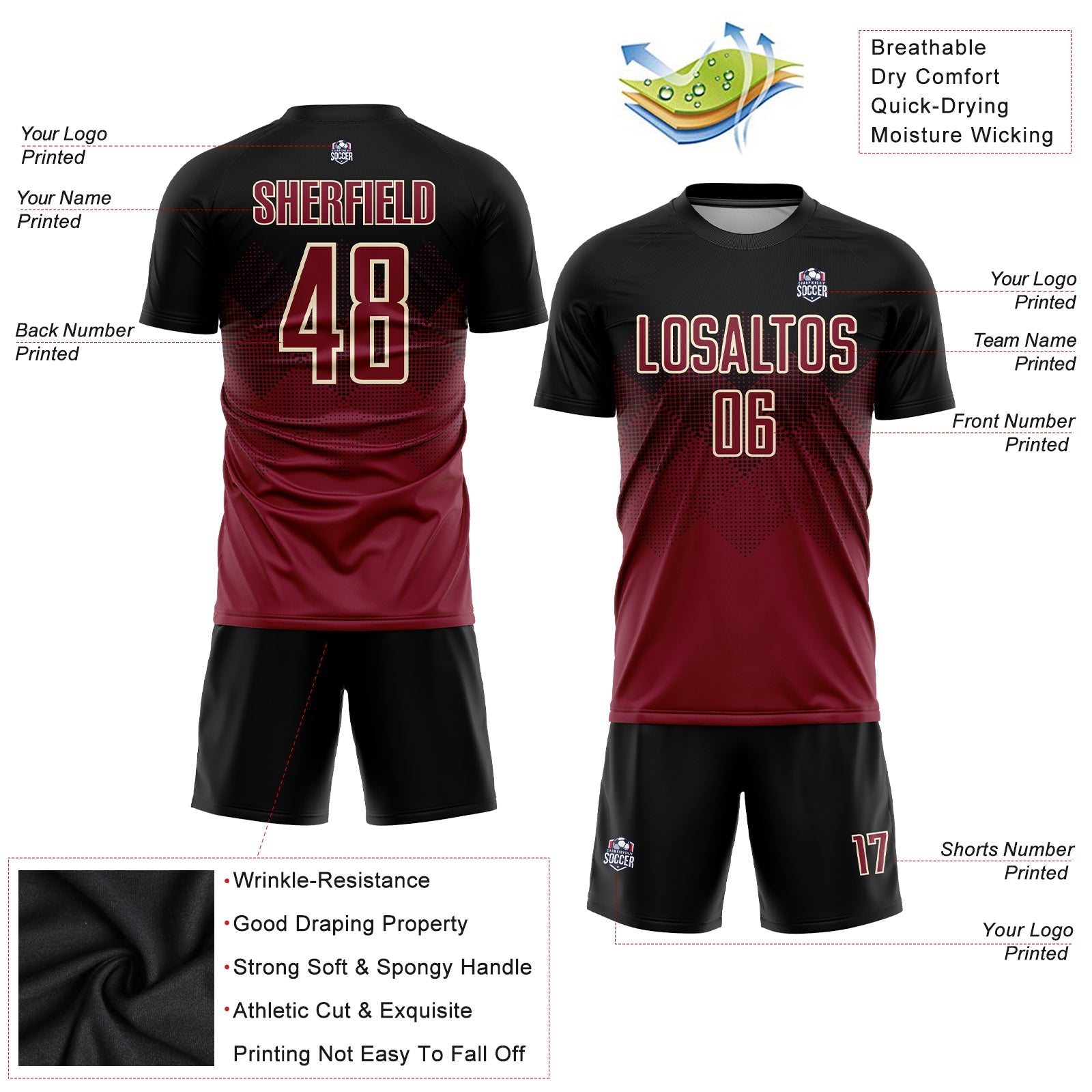 Custom Black Crimson-Cream Sublimation Soccer Uniform Jersey view 3