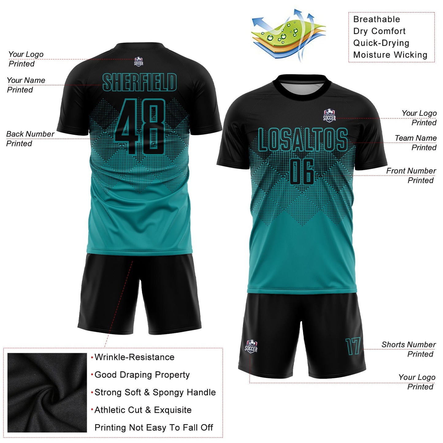 Custom Teal Black Sublimation Soccer Uniform Jersey view 3