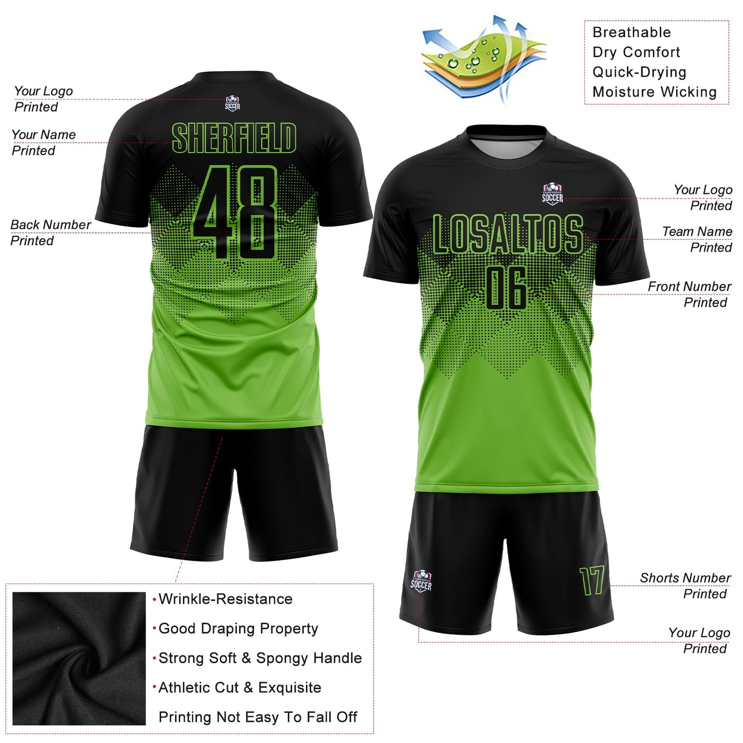 Custom Neon Green Black Sublimation Soccer Uniform Jersey view 5