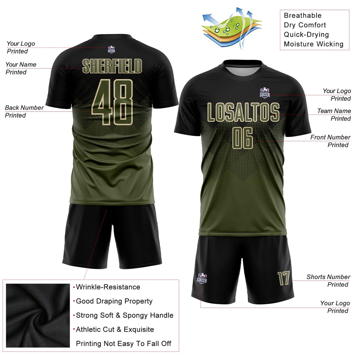 Custom Black Olive-Cream Sublimation Soccer Uniform Jersey view 3