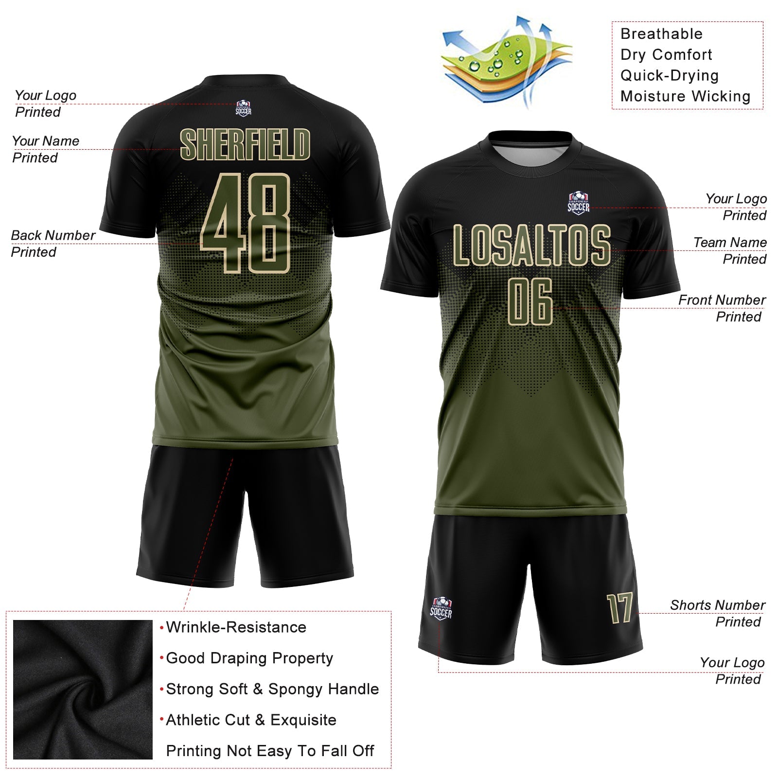 Custom Black Olive-Cream Sublimation Soccer Uniform Jersey view 3