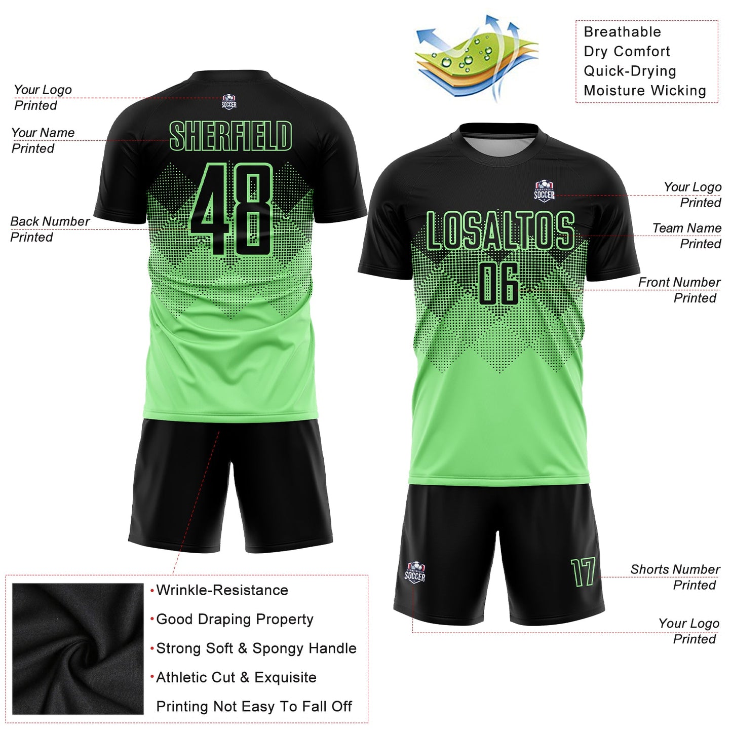 Custom Pea Green Black Sublimation Soccer Uniform Jersey view 3