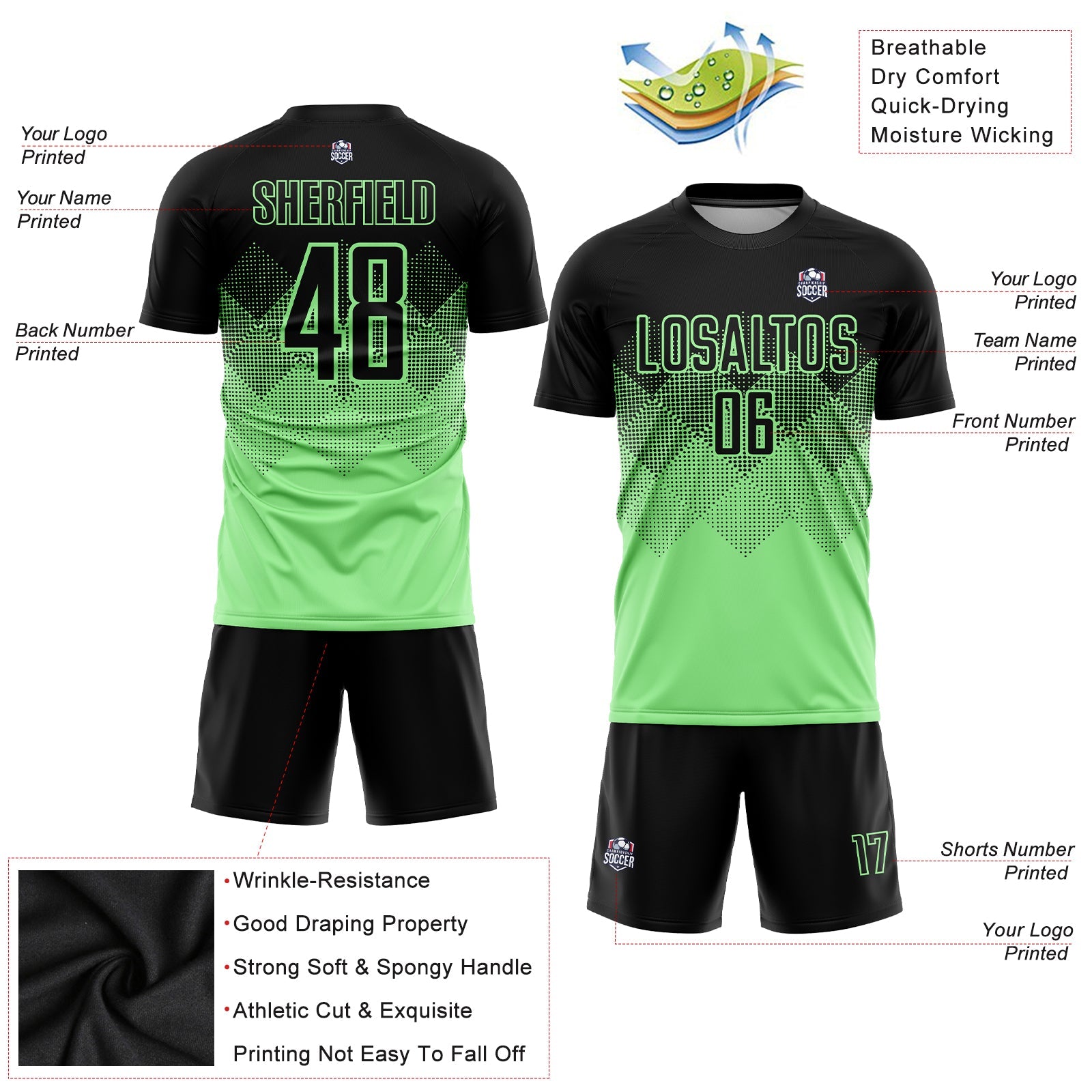 Custom Pea Green Black Sublimation Soccer Uniform Jersey view 3