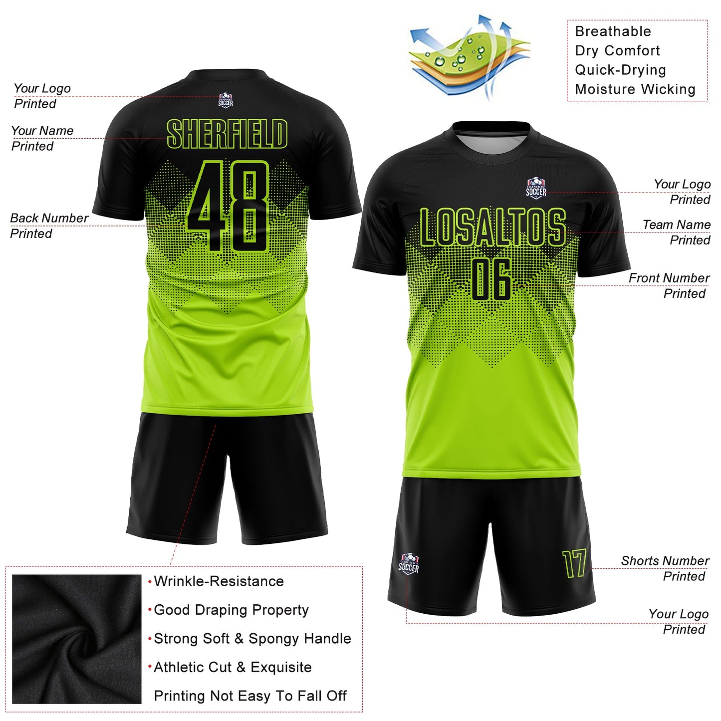 Custom Neon Green Black Sublimation Soccer Uniform Jersey view 3