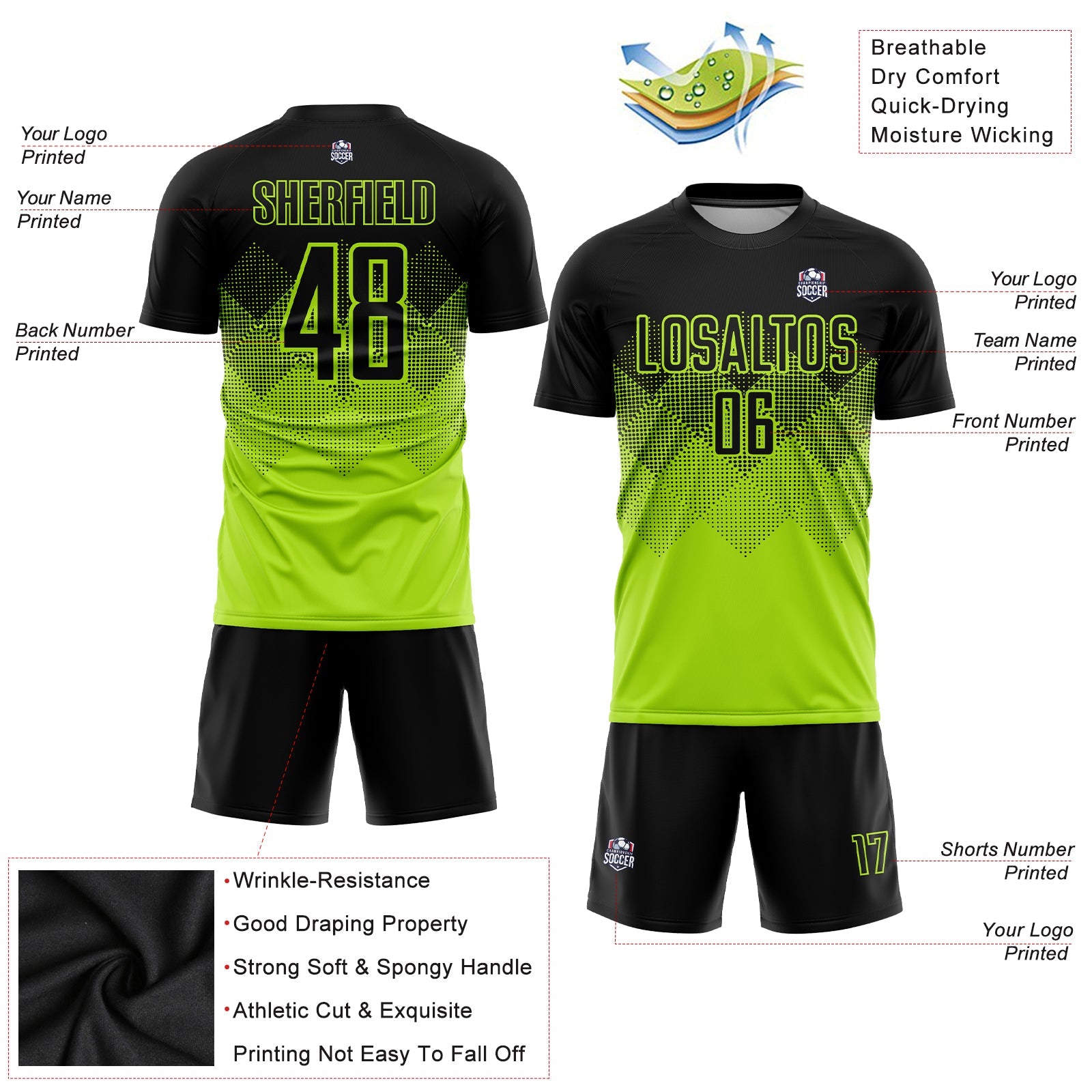 Custom Neon Green Black Sublimation Soccer Uniform Jersey view 3