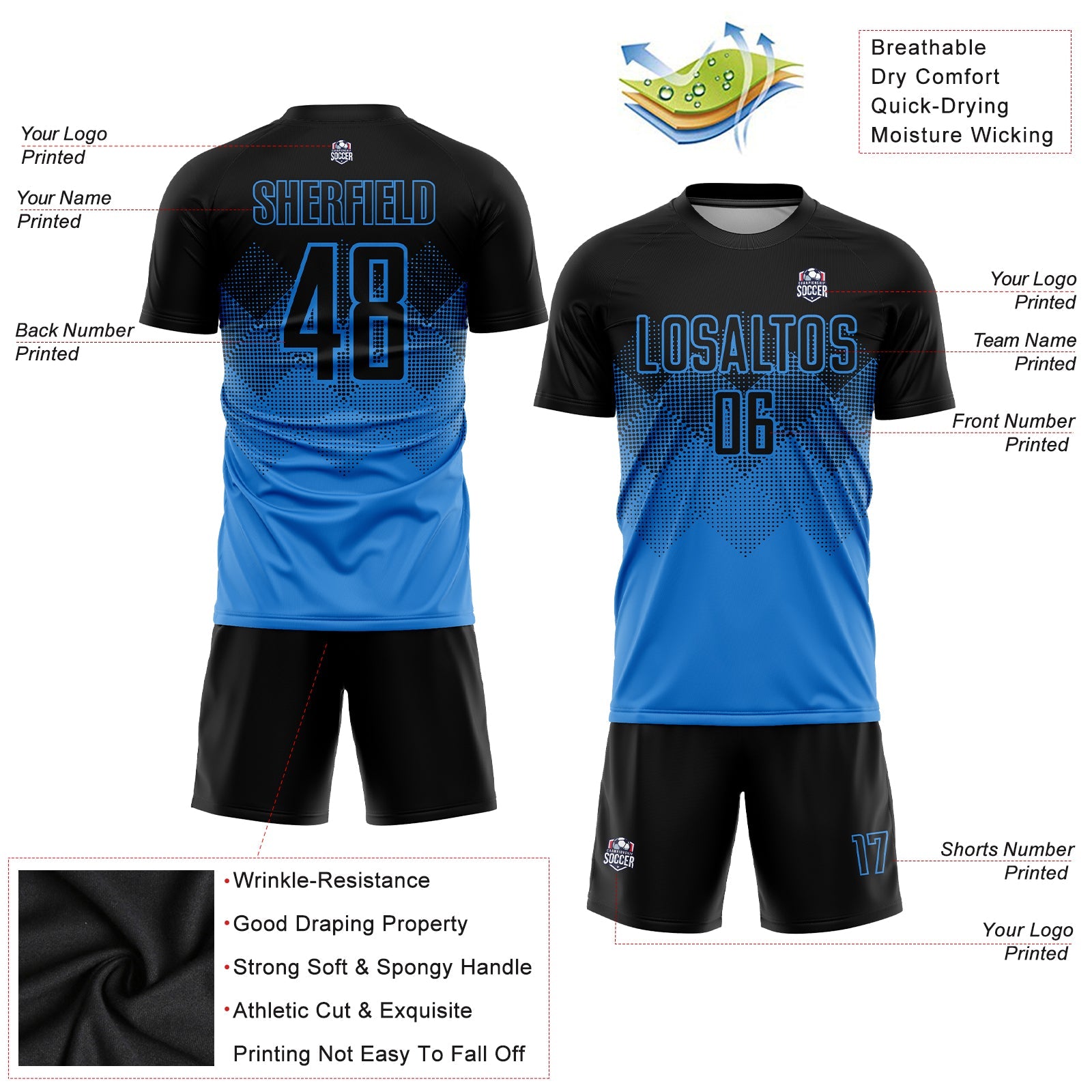 Custom Powder Blue Black Sublimation Soccer Uniform Jersey view 3