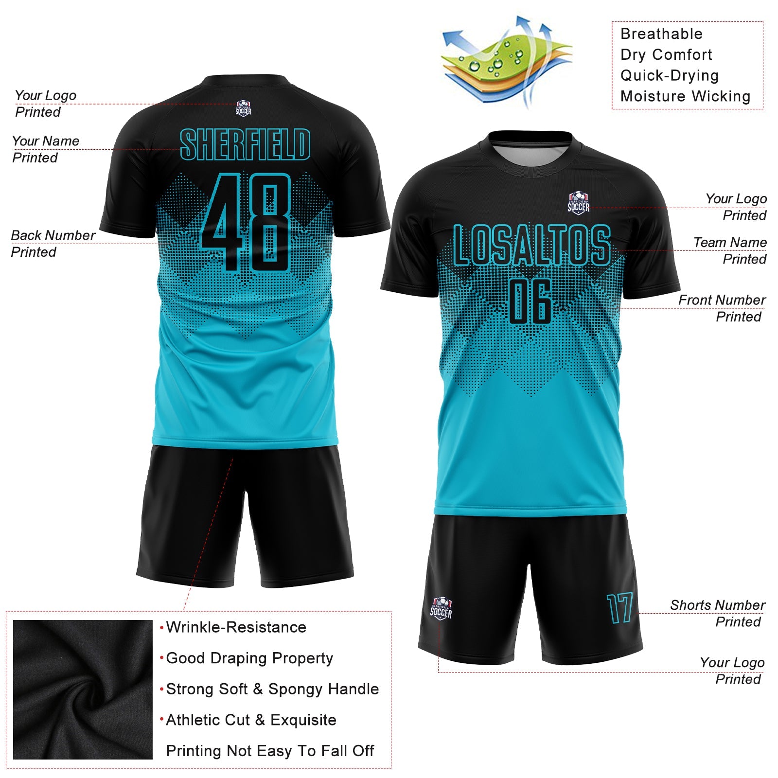 Custom Lakes Blue Black Sublimation Soccer Uniform Jersey view 3