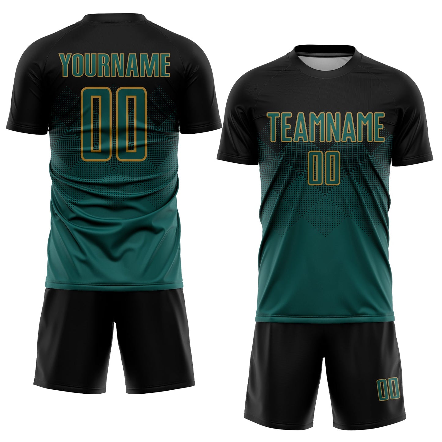 Custom Black Midnight Green-Old Gold Sublimation Soccer Uniform Jersey view 2
