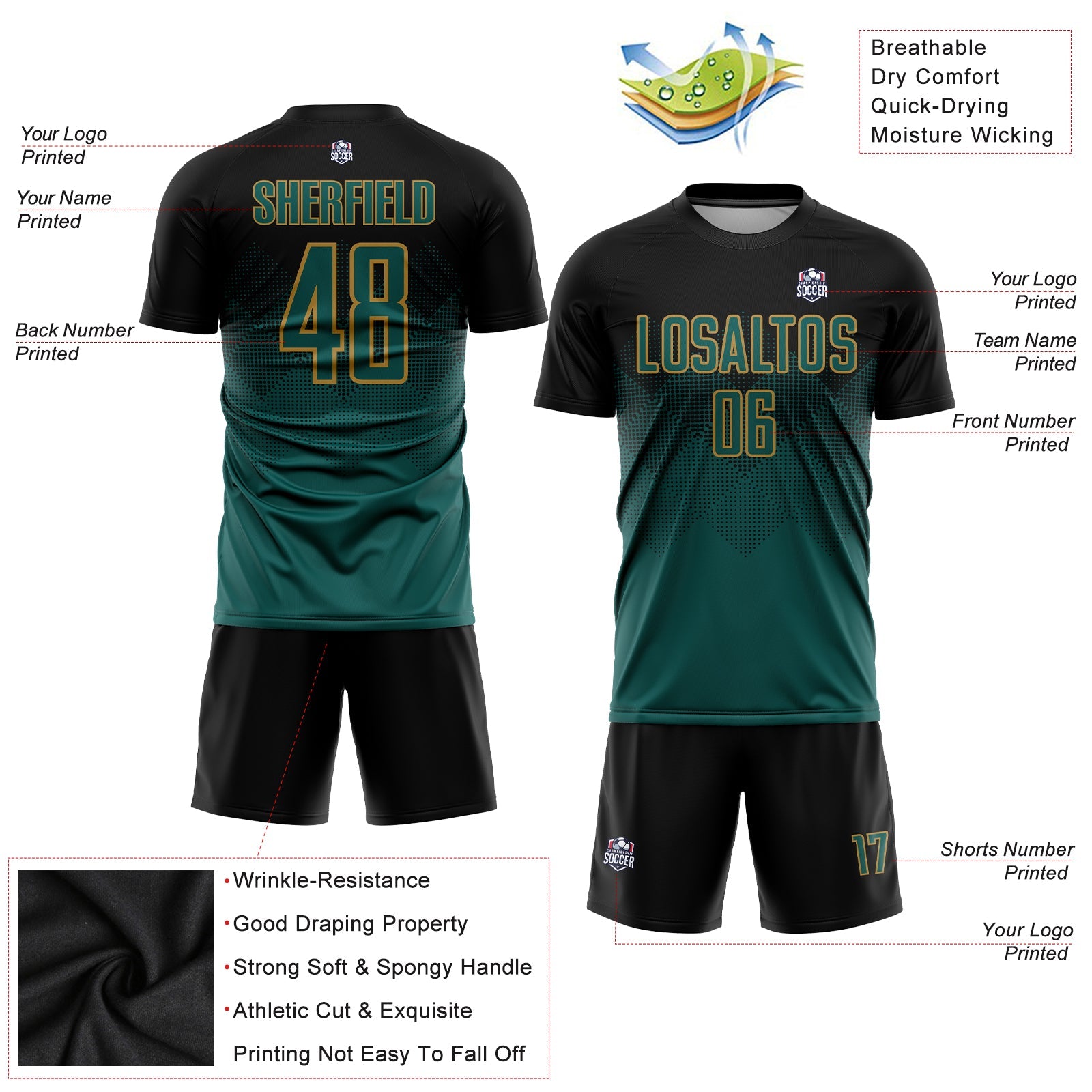 Custom Black Midnight Green-Old Gold Sublimation Soccer Uniform Jersey view 3