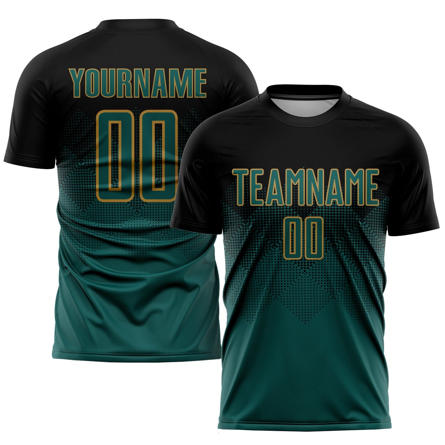Custom Black Midnight Green-Old Gold Sublimation Soccer Uniform Jersey - Main View
