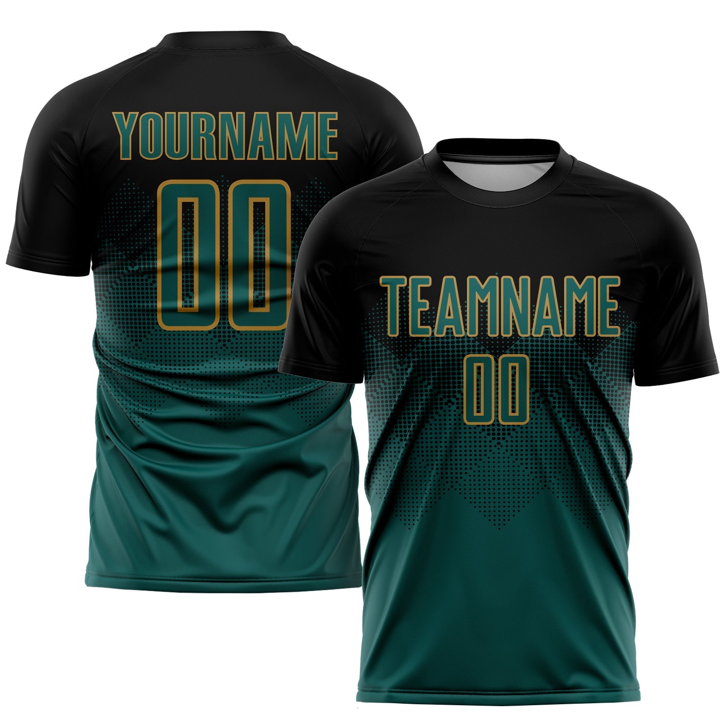 Custom Black Midnight Green-Old Gold Sublimation Soccer Uniform Jersey - Main View