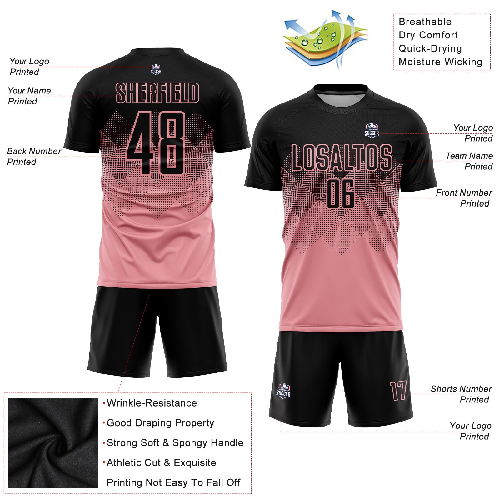 Custom Medium Pink Black Sublimation Soccer Uniform Jersey view 5