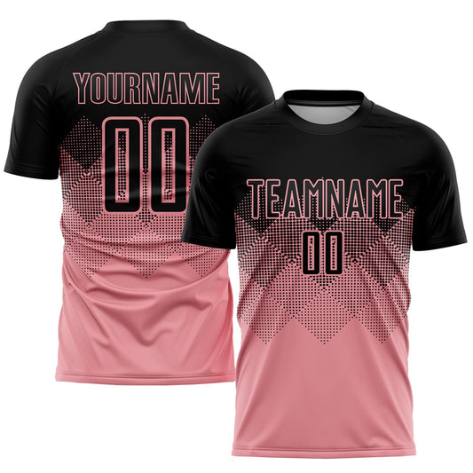 Custom Medium Pink Black Sublimation Soccer Uniform Jersey - Main View