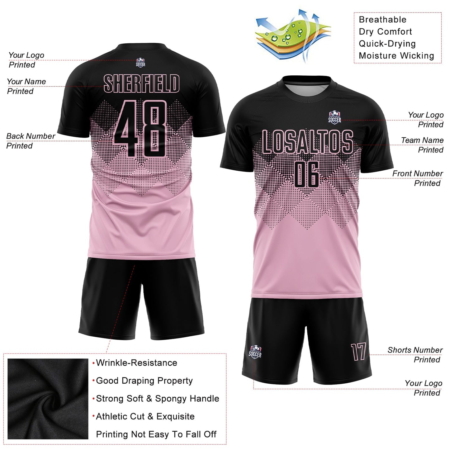 Custom Light Pink Black Sublimation Soccer Uniform Jersey view 5