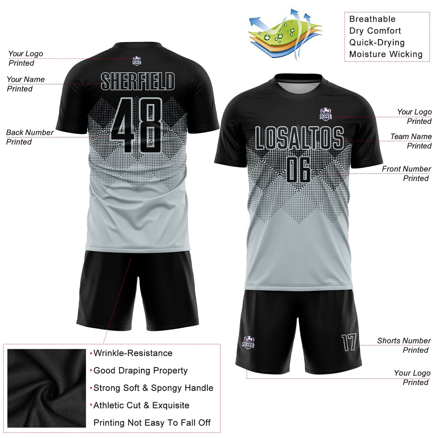 Custom Silver Black Sublimation Soccer Uniform Jersey view 5